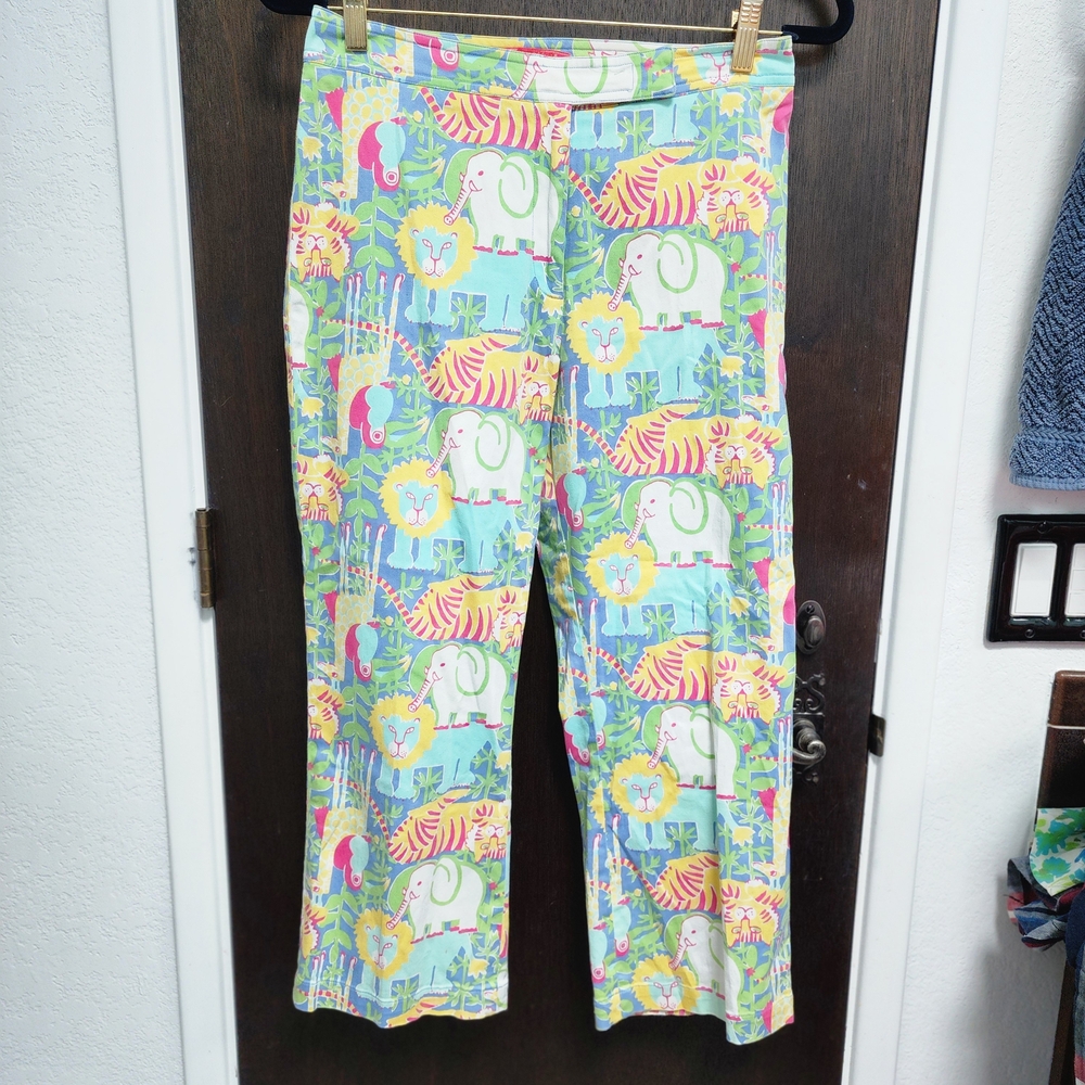 Key West Tropical Island Palm Animal Safari Elephant Print Cropped Pants 4